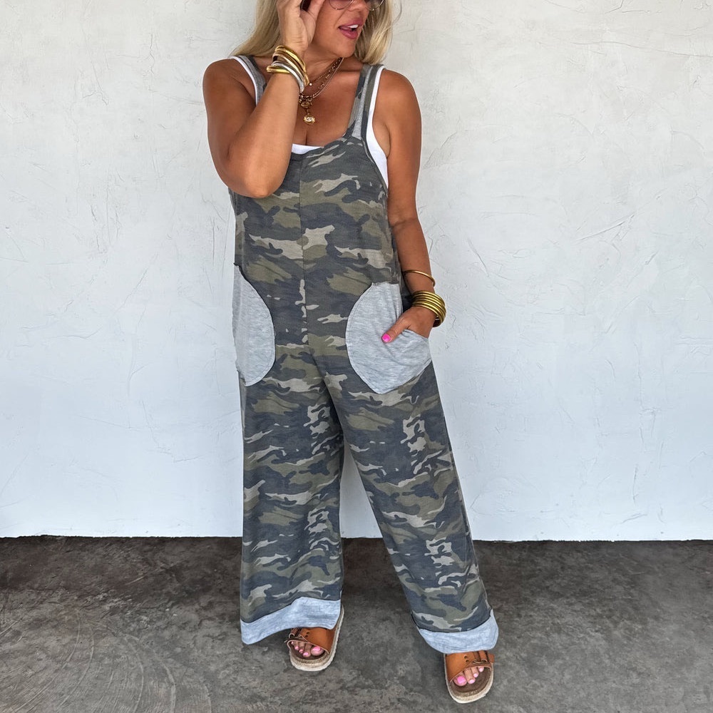Camo Wide-Leg Jumpsuit with Contrast Pocket Detail